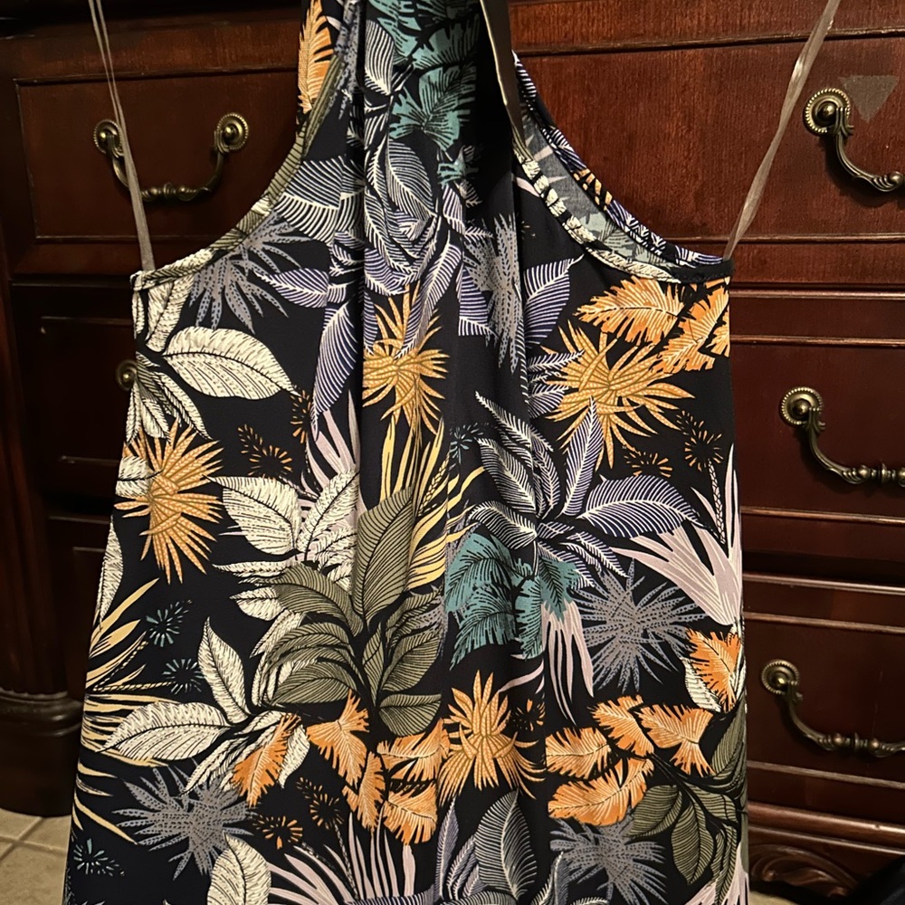 Amiana Leaf Print Dress with Blue and Orange Accents